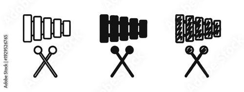 Xylophone and Mallets Icons Set. Outline, Solid, and Doodle Styles. Percussion Instrument Vector Illustration.