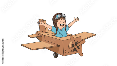 Imaginative young boy wears pilot goggles while playing in his homemade cardboard airplane, dreaming of flight.