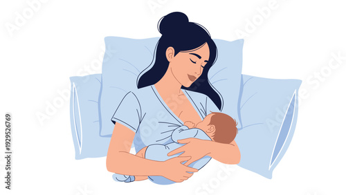Gentle mother focuses on nursing her infant baby while resting comfortably on soft pillows in a quiet room at home.
