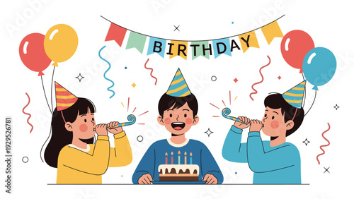 Happy group of children celebrating a birthday party with a cake, colorful balloons, festive hats, and party blowers.