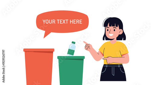 Responsible young girl pointing towards recycling bins and disposing of a plastic water bottle to help the environment.
