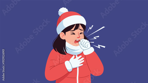 Woman wearing warm winter clothes and a hat coughs into her hand, showing typical symptoms of a cold or flu virus.