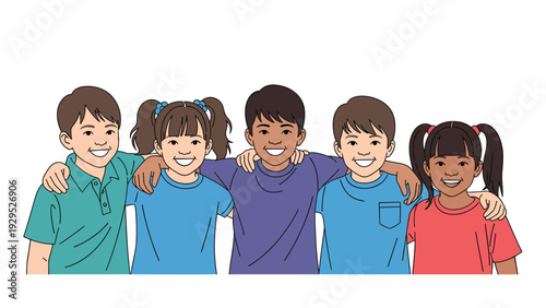 Group of five diverse and happy children stand together with their arms around each other as a sign of friendship.