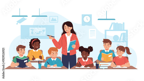 Friendly female teacher points to a board while diverse students sit at their desks and listen attentively in class.