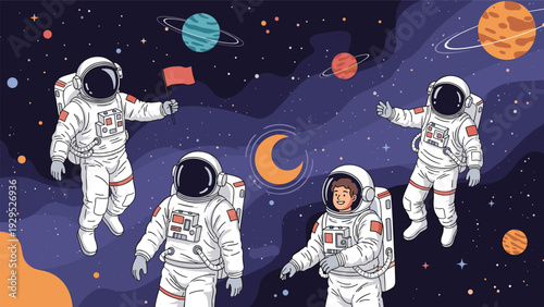 Group of brave astronauts explore a colorful galaxy filled with planets, stars, and celestial bodies in deep space.