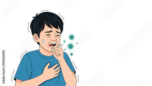 Sick young boy in a blue shirt is coughing and looks unwell, showing signs of a contagious illness or common cold.