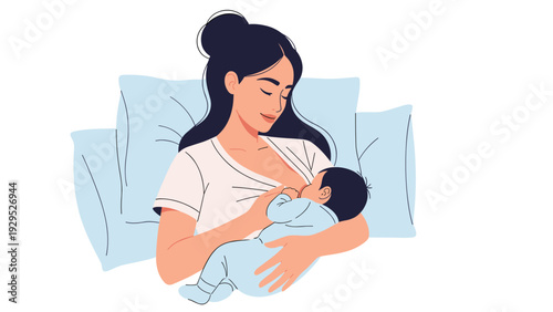 Caring mother comfortably breastfeeds her infant baby while resting on soft pillows at home in a peaceful setting.