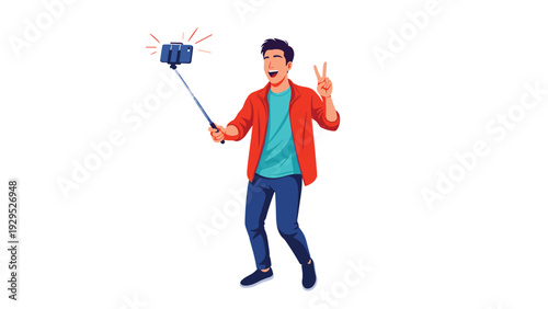 Cheerful young man in a red jacket uses a selfie stick to take a fun photo while making a peace sign with his hand.