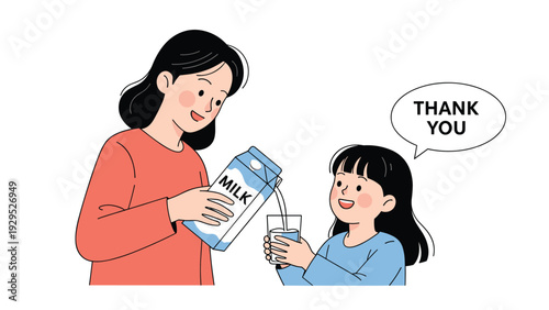 Kind mother pours a fresh glass of cold milk for her young daughter who says thank you with a very polite smile.