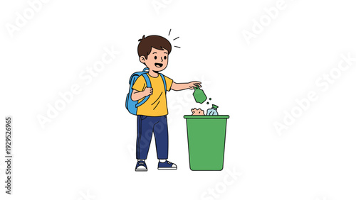 Responsible young boy with a backpack throws litter into a green recycling bin to keep the environment clean.