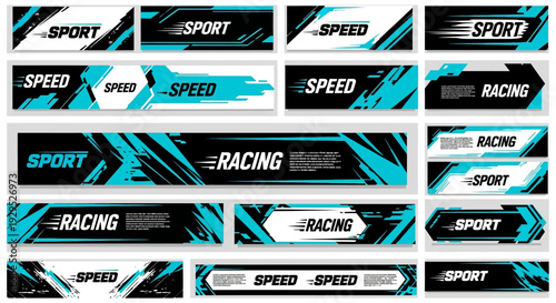 Collection of Modern Sport and Racing Stickers with Blue and Black Design.