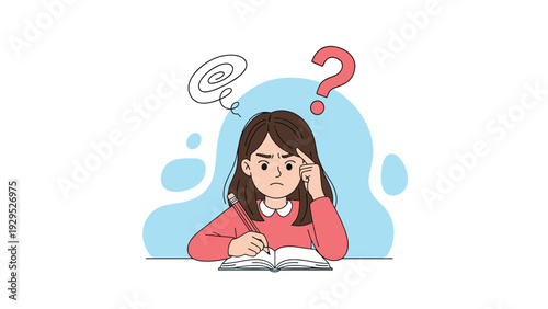 Frustrated young girl finds her school homework very difficult while sitting at a desk with a book and pencil.