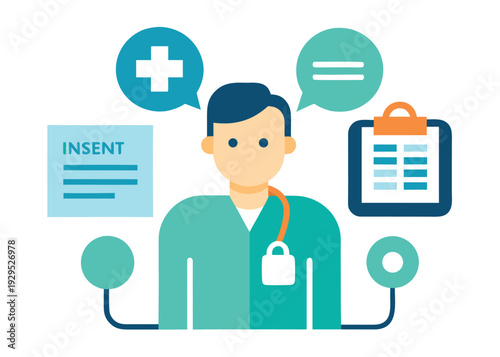 A doctor standing with a stethoscope, surrounded by medical icons representing procedures, information, and healthcare.