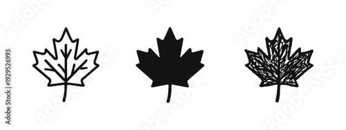 Maple Leaf Icons Set. Outline, Solid, and Doodle Styles. Canadian Symbol and Autumn Season Vector.