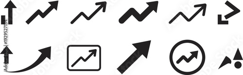 Set of upward arrow growth icons representing business progress, financial increase, market trends, analytics success, and strategic development in modern flat design style.