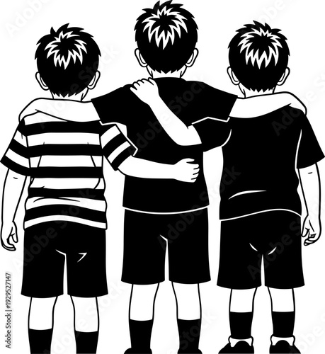 A heartwarming black and white illustration of three boys standing together with their arms around each other, conveying friendship and unity.