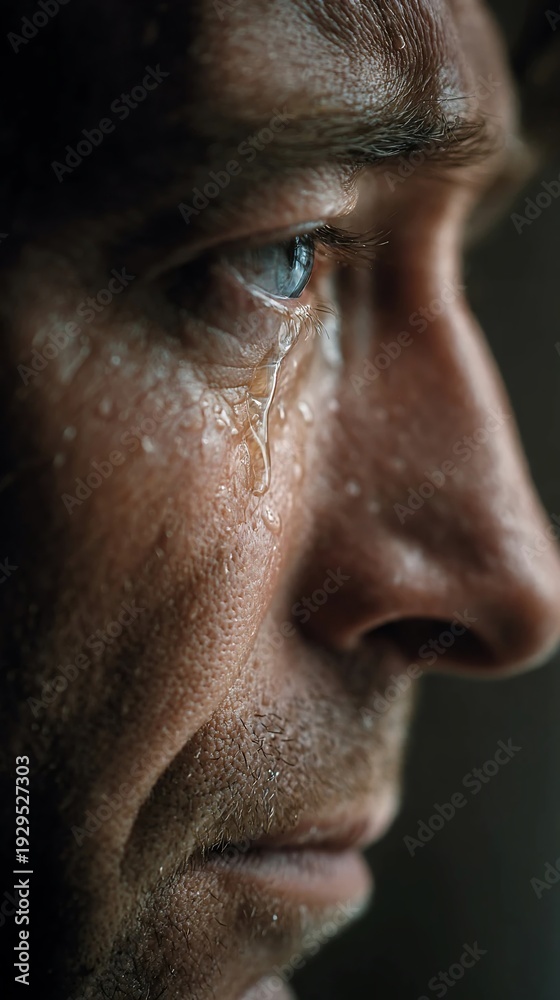 Fototapeta premium Close up side profile of an adult man's face showing a single tear rolling down his cheek
