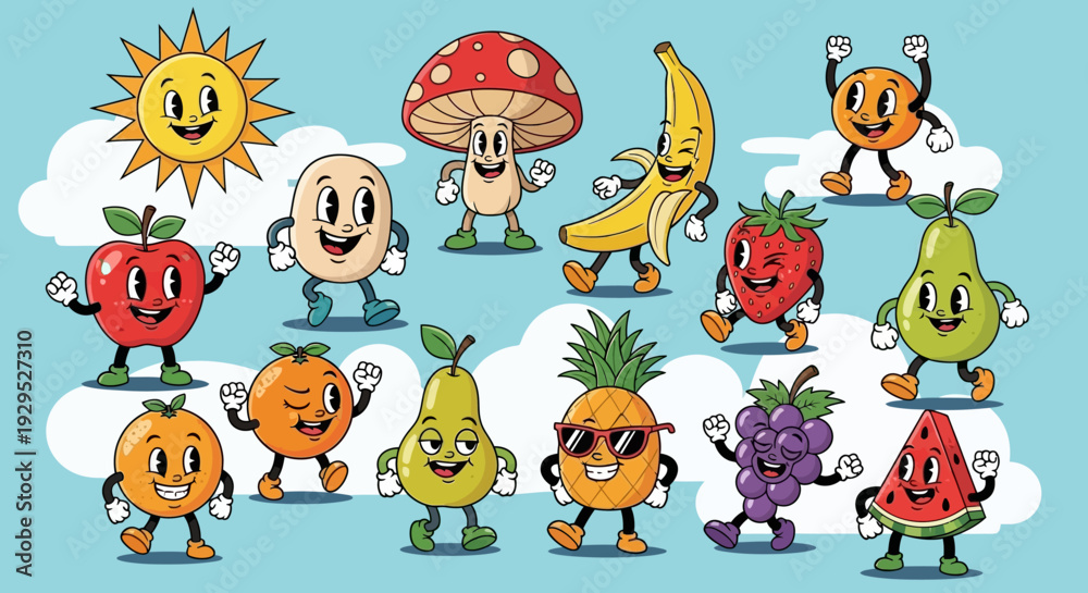Obraz premium Cartoon Fruits and Vegetables with Smiling Faces on Clouds.