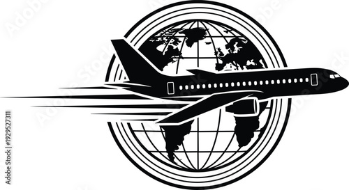 Airplane flying across globe illustration, international travel, aviation, global connectivity, logistics, tourism, worldwide transport, motion design