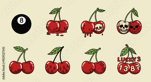 Eight cartoon cherries with varying expressions and a black eight ball.