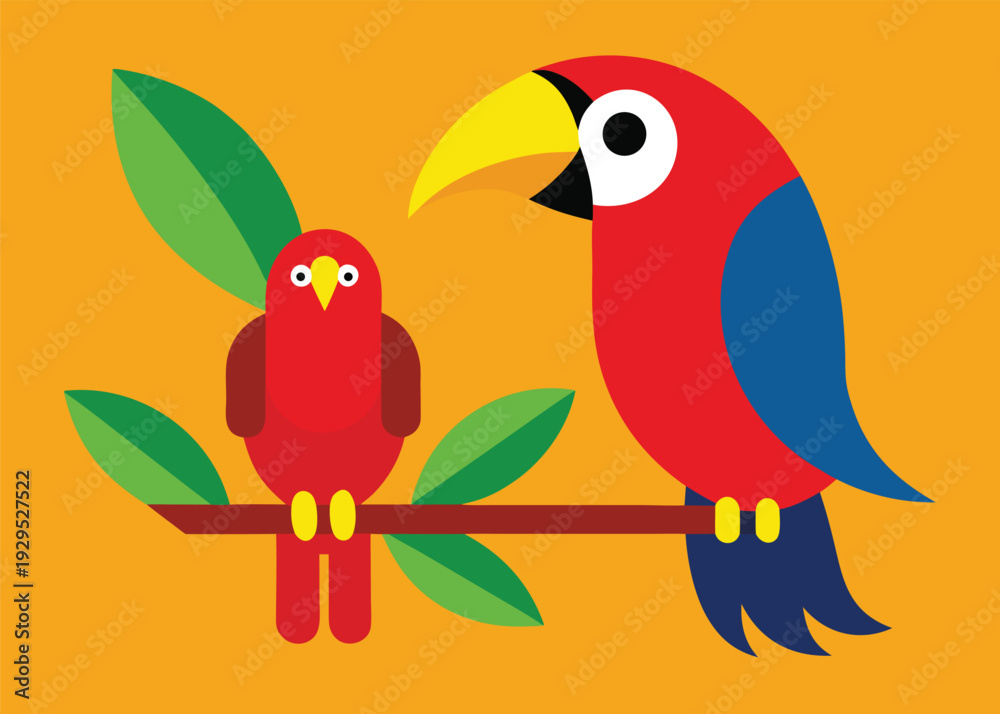 Obraz premium A toucan with a large yellow beak and a red macaw parrot sit together on a green leafy branch.
