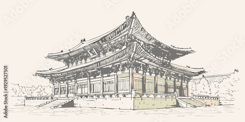 Detailed sketch of a traditional korean temple roof and architecture