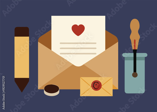A vintage letter writing set with an open envelope, a love letter, a wax-sealed envelope, pencil, and inkwell.