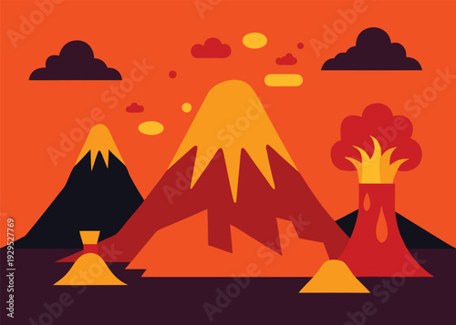 A volcanic landscape scene with multiple mountains, one spewing lava and ash, under dark clouds.