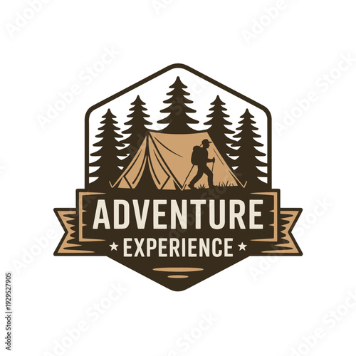 Rustic outdoor adventure emblem featuring a lone hiker trekking towards a tent amidst a serene pine forest, symbolizing exploration, freedom, and memorable wilderness experiences