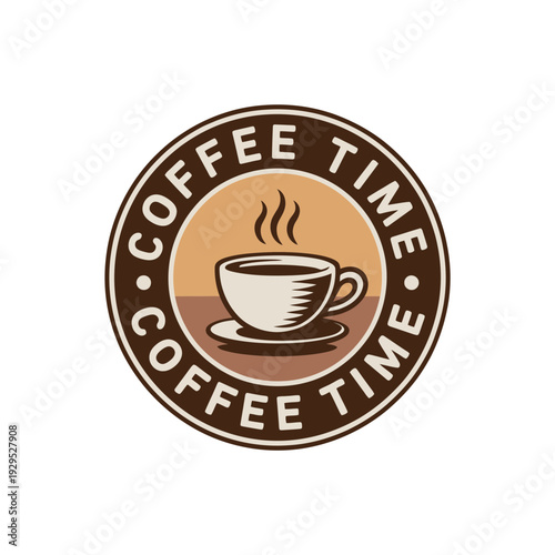 Coffee Time Emblem with Steaming Cup of Coffee and Coffee Beans Border