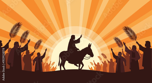 Silhouette of Jesus Riding Donkey with Followers Waving Palm Branches at Sunrise