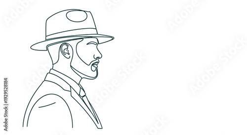 Stylish Man in Fedora Hat and Suit, Minimalist Single Drawing, Elegant Portrait
