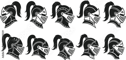Medieval Knight Helmet Silhouette Vector Set with Vintage Armor Headgear for Heraldry, Warrior Emblem, Templar Logo, and Fantasy Design.