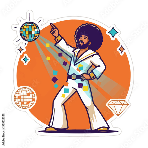 Funky man dancing under disco ball with colorful confetti