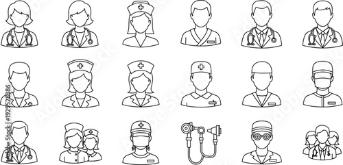 Vector line icons for medical staff nursing personnel surgeons healthcare professionals clinical teams and hospital workforce