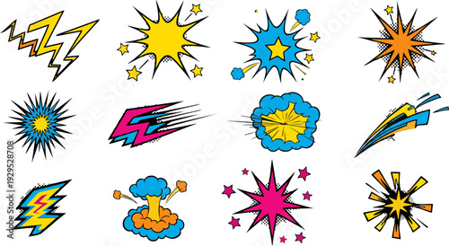 A vibrant comic illustration of various colorful explosion and lightning effect icons on a clean white background