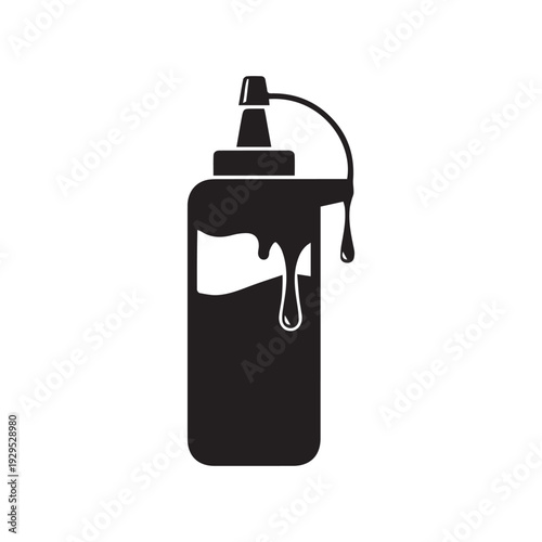 Minimalist silhouette icon of a squeeze bottle with dripping liquid, symbolizing food condiments, sauces, or syrups in a clean, single-color graphic design
