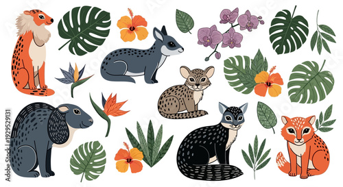 Colorful illustration of various wild cats and tropical leaves.