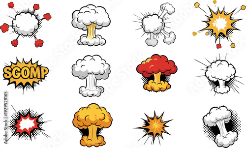 A collection of colorful comic explosion and impact graphics on a white background, conveying a dynamic and energetic mood