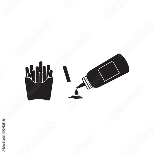 Black and white illustration of french fries ketchup bottle and a single fry