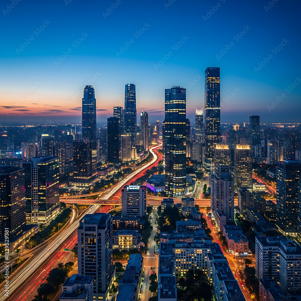 Obraz premium Night cityscape with illuminated roads and sky
