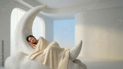 Peaceful Person Resting on a Surreal Cloud Moon in a Minimalist Bedroom for World Sleep Day Concept, Symbolizing Deep Sleep, Mental Wellness, and Healthy Rest
