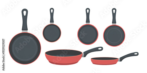 A variety of pans and pots displayed in a row on a white background isolated on transparent background