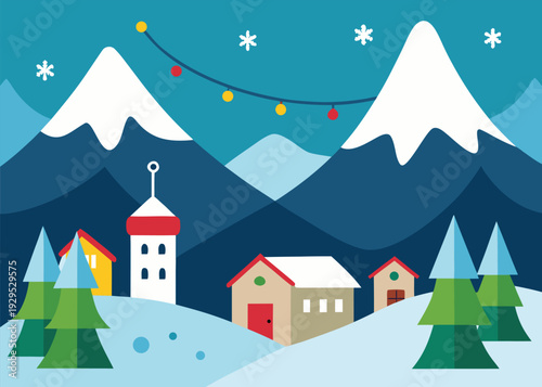 A picturesque alpine village featuring houses and a tall church tower is illuminated by string lights amidst snowy mountains and falling snowflakes.