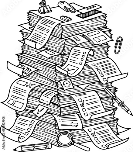 A detailed black and white doodle drawing of a large messy stack of paper documents and receipts representing bureaucracy or overwhelming administrative tasks suitable for business finance