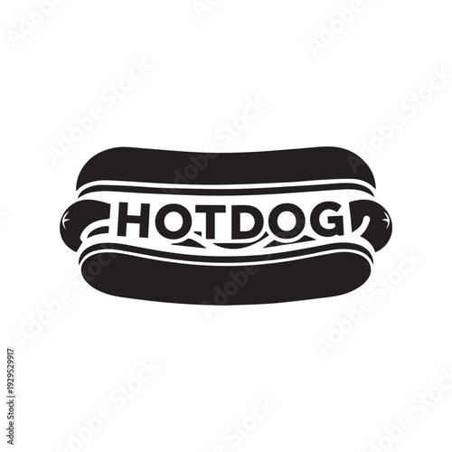 Black and white graphic illustration of a hotdog with the word HOTDOG  written across the sausage.