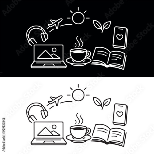 Travel and leisure icons with laptop coffee book and smartphone on black and white background