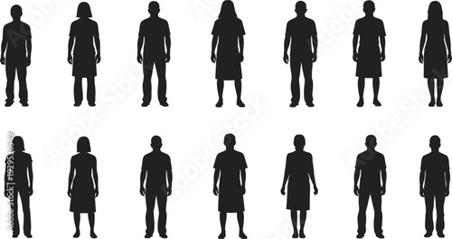 Silhouette illustration of twelve diverse human figures arranged in two rows, symbolizing gender diversity, equality, inclusion, lifestyle, community awareness, and demographic representation 