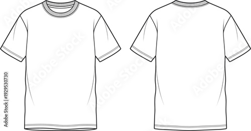 Technical drawing of plain short‑sleeve t‑shirt front and back views, symbolizing fashion design, apparel template, garment manufacturing, clothing pattern, and textile illustration concept