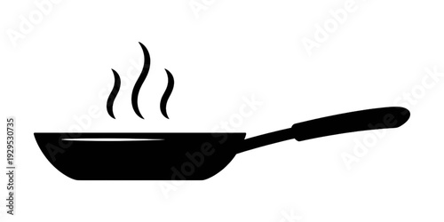 A black frying pan with steam rising from its surface, indicating it is hot. isolated on transparent background